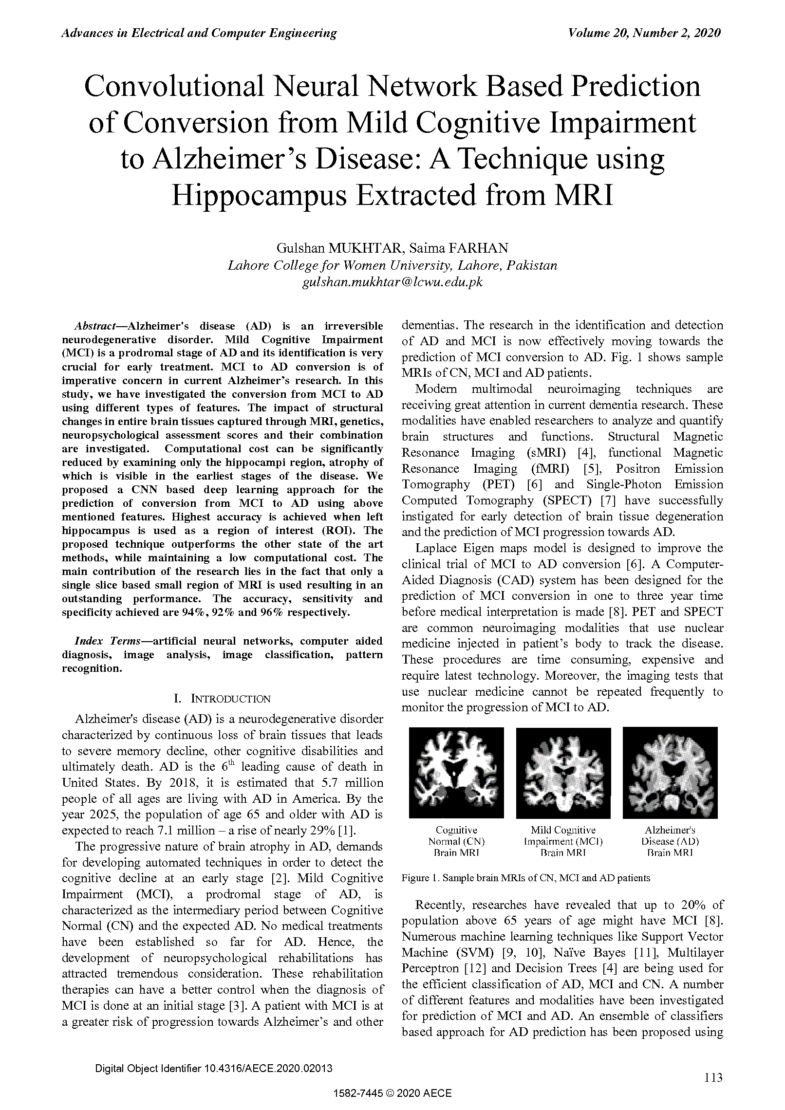 PDF Quickview for paper with DOI:10.4316/AECE.2020.02013